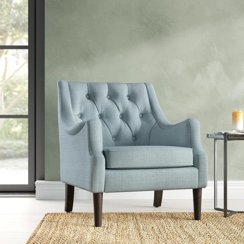 Dusty Blue Serpentine Wood Accent Chair with Tufted Back