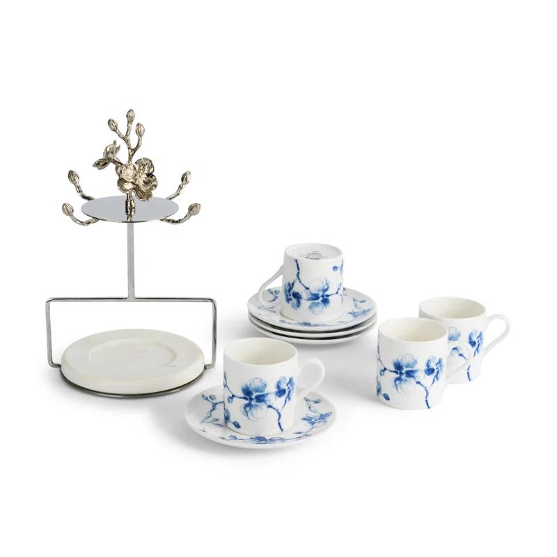 Blue Orchid Porcelain Demitasse Set with Stainless Steel Stand
