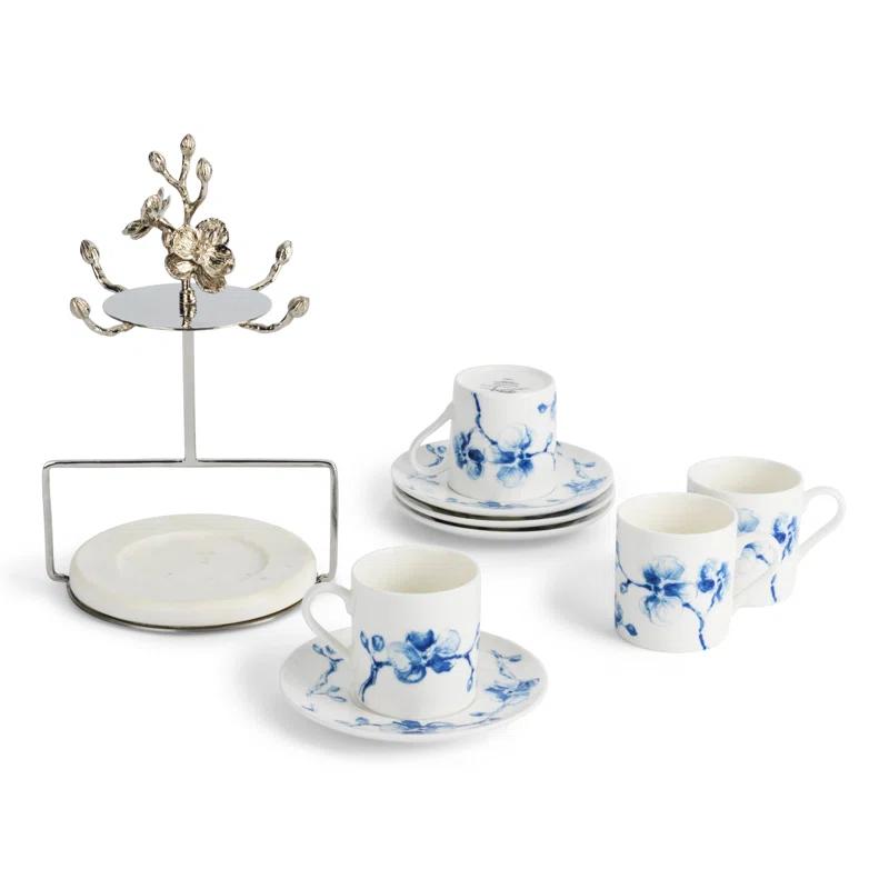 Blue Orchid Porcelain Demitasse Set with Stainless Steel Stand