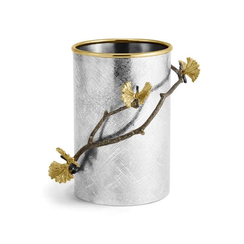 Silver and Gold Stainless Steel Utensil Holder with Brass Accents
