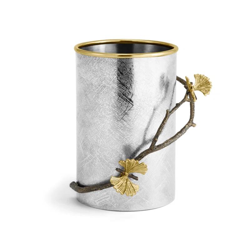 Silver and Gold Stainless Steel Utensil Holder with Brass Accents
