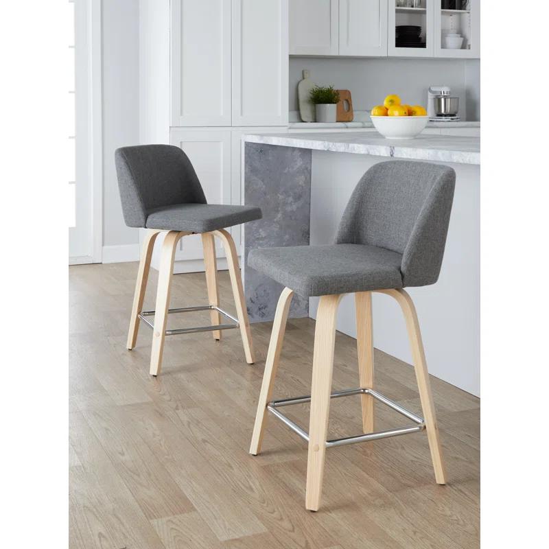 Gray Upholstered Swivel Counter Stool with Wood Legs