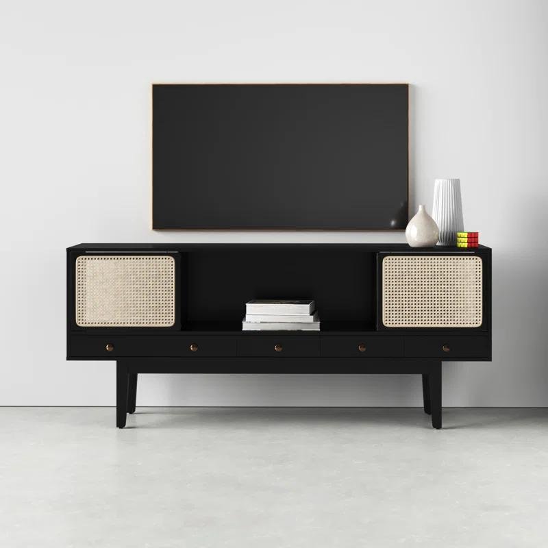 Simms 76.5'' Black Midcentury Modern Media Console with Cane Doors