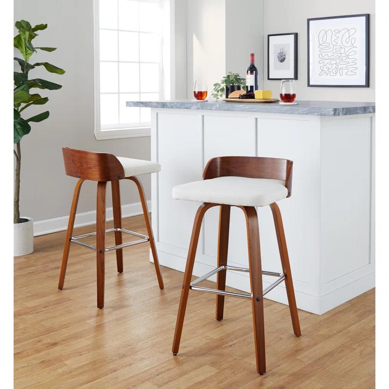 Cream Upholstered Swivel Bar Stool with Wood Backrest