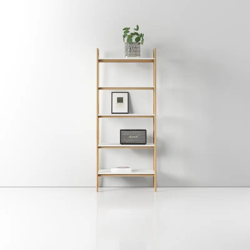 Parker Mid-Century Solid Wood and MDF Ladder Bookcase in Off-White/Natural