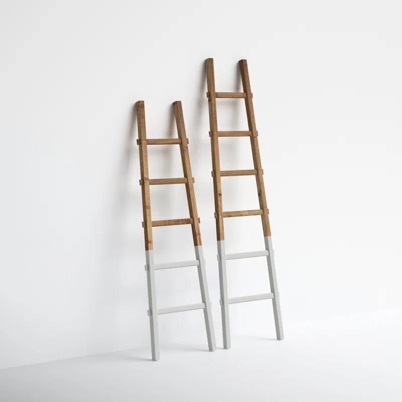 Modern Rustic Wood 73" Blanket Ladder with White Accents