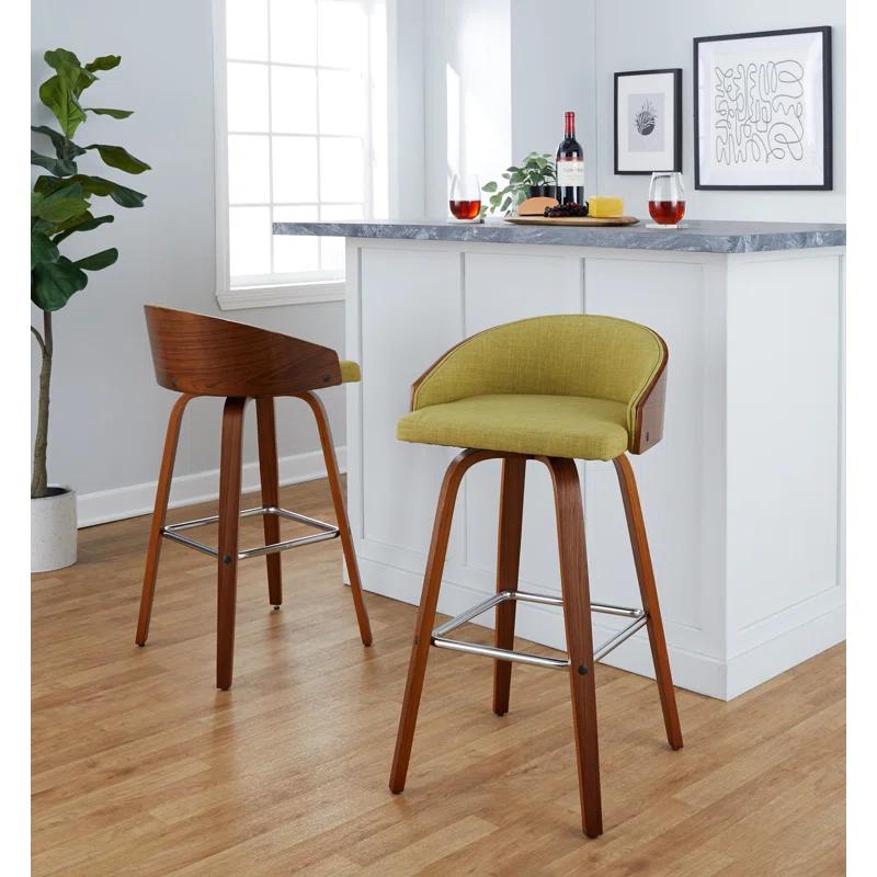 Walnut and Green Swivel Upholstered Bar Stool Set