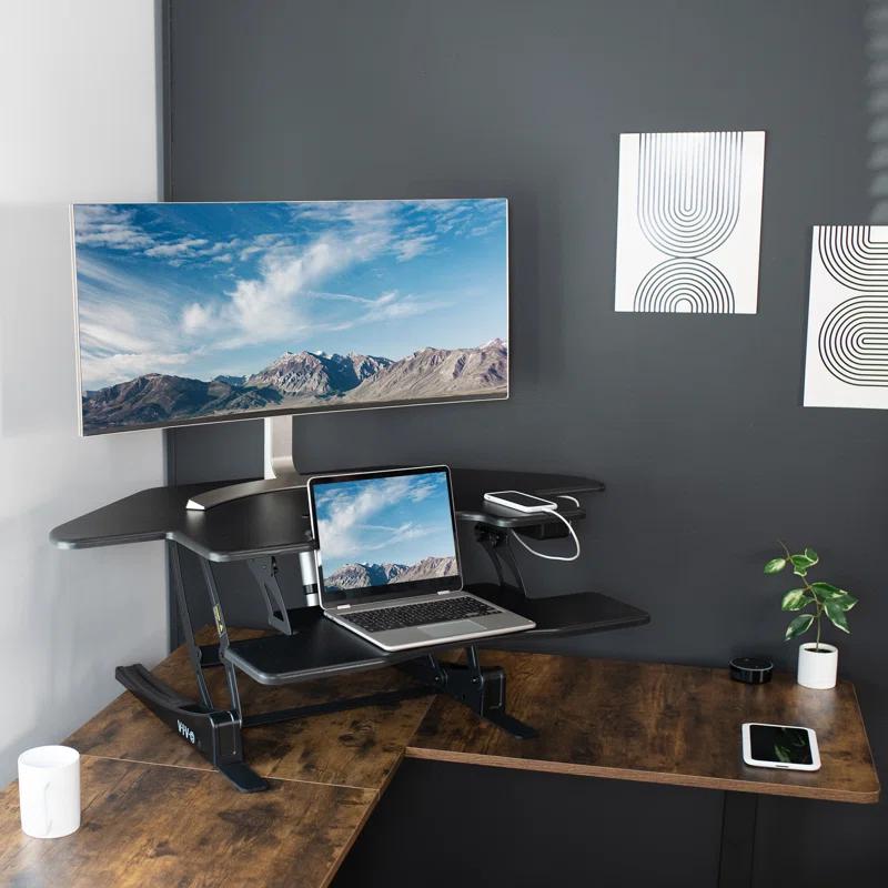 VIVO 43" Black Electric Adjustable Corner Desk Riser with USB