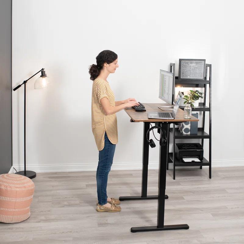 Adjustable Vintage Brown & Black Electric Sit-Stand Desk with Keyboard Tray