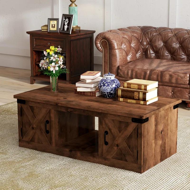 Industrial Knotty Alder 48'' Coffee Table with Barn-Style Storage