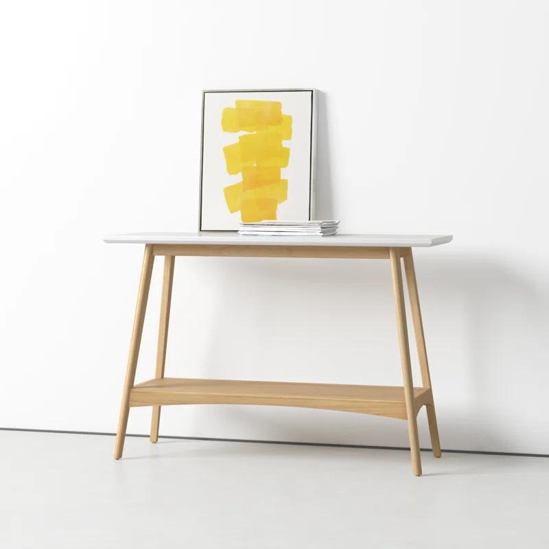 Mid-Century Two-Tone Off-White and Wood Console Table with Shelf