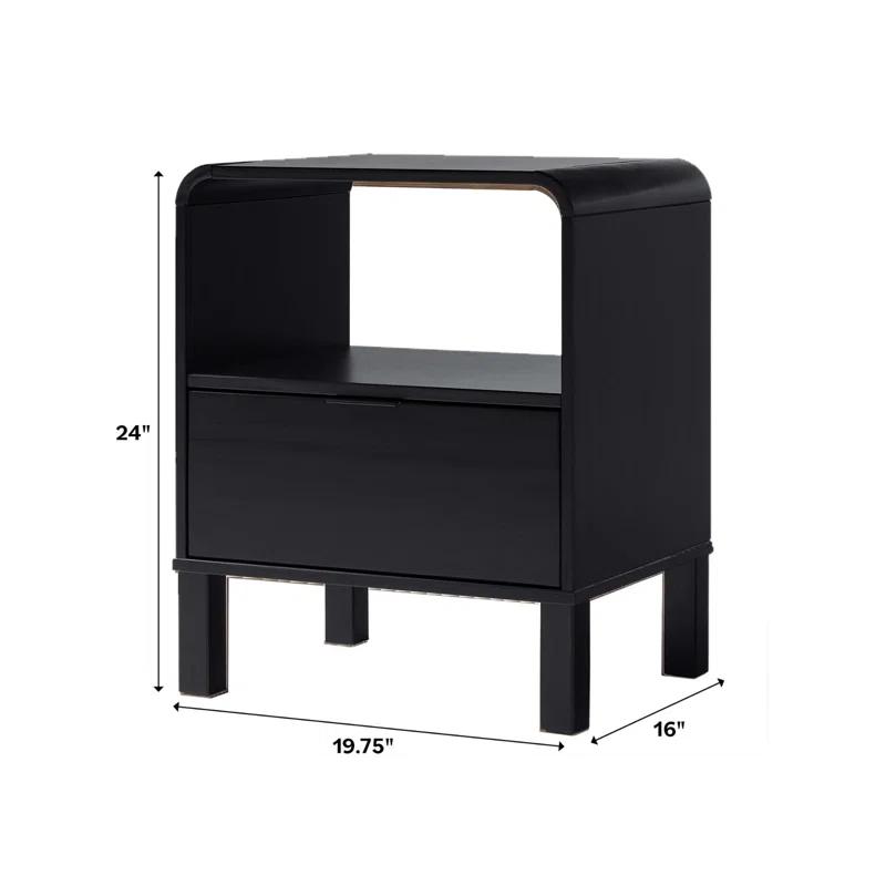 Curved-Top Solid Pine 1-Drawer Nightstand in Black