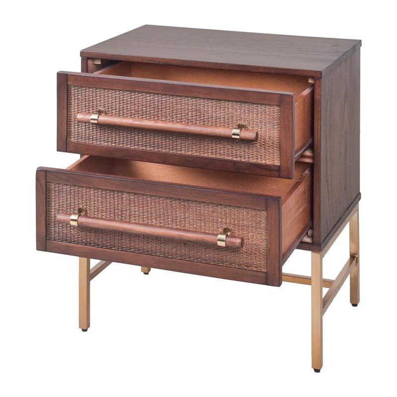 Mochaccino Brown Rattan 2-Drawer Nightstand with Brass Accents