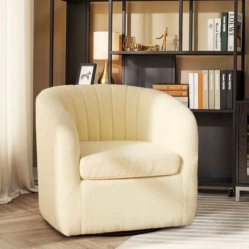 30.5'' Ivory Swivel Barrel Accent Chair with Wood Base