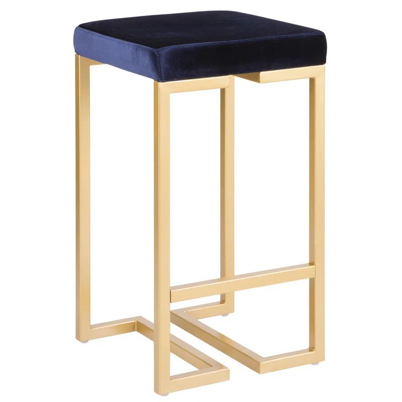 Contemporary Glam 27" Gold Metal Counter Stool with Blue Velvet Cushion