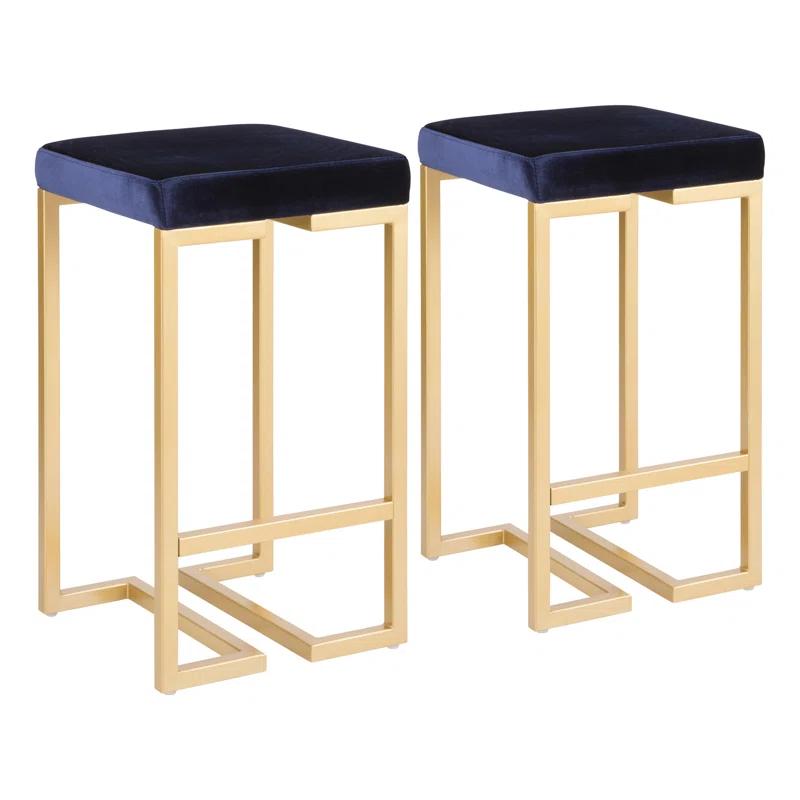 Contemporary Glam 27" Gold Metal Counter Stool with Blue Velvet Cushion