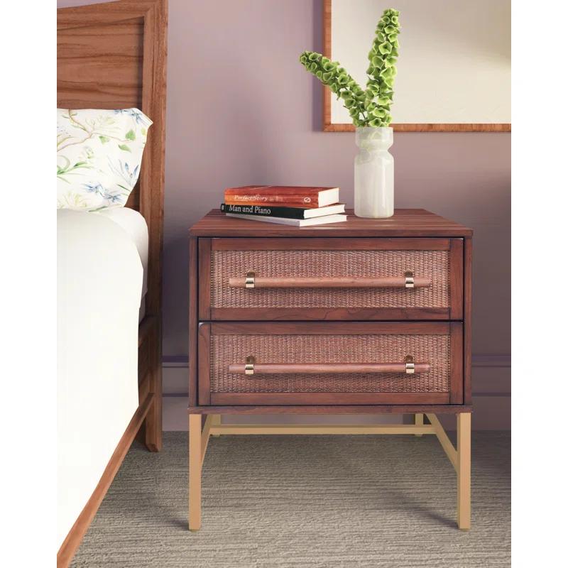 Mochaccino Brown Rattan 2-Drawer Nightstand with Brass Accents