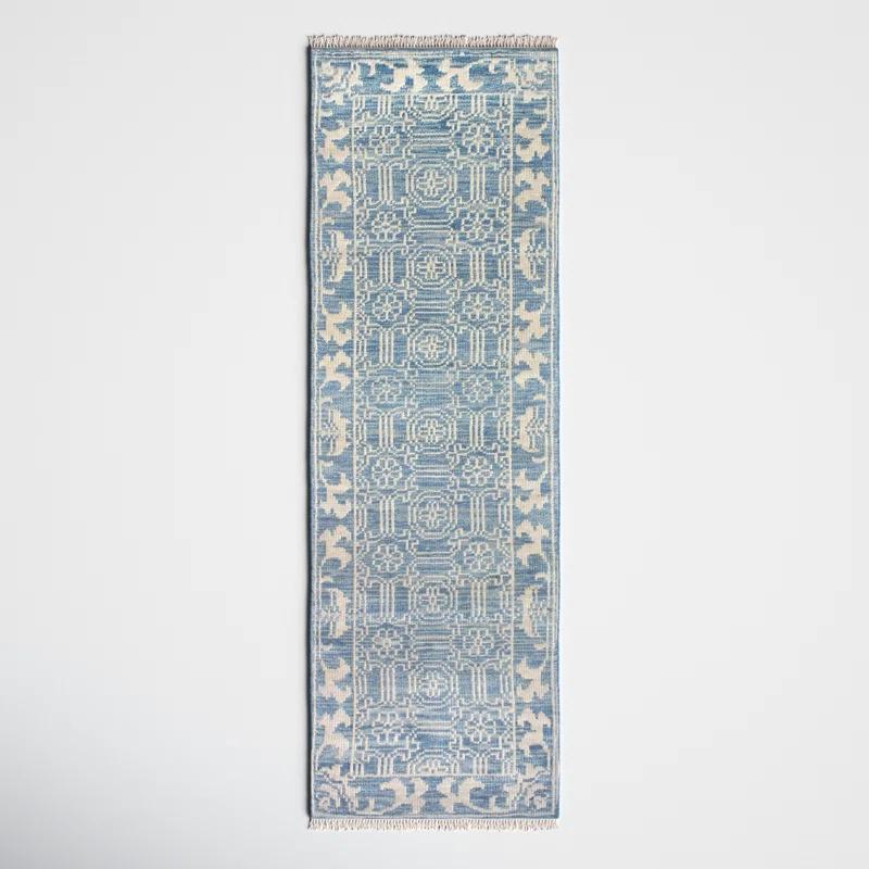 Hand-Knotted Denim Blue Wool Runner Rug, 2'6" x 8'0", Stain-Resistant