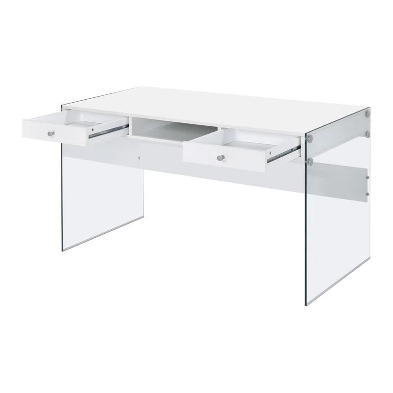 Contemporary Glossy White Home Office Desk with Tempered Glass Supports