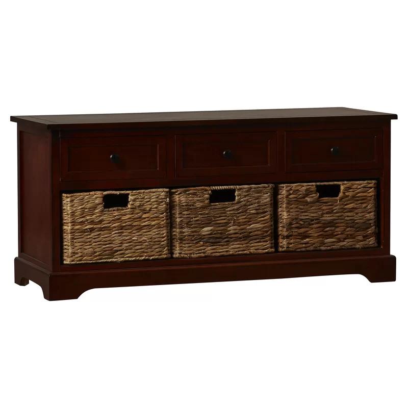 Transitional Damien Dark Cherry Pine Storage Bench with Wicker Baskets