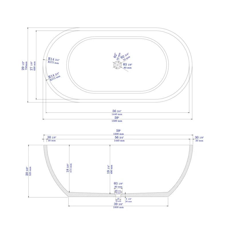 59'' x 29.5'' Soaking Stone Bathtub