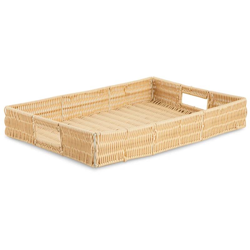 Contemporary Beige Faux Rattan Rectangular Tray with Metal Handles