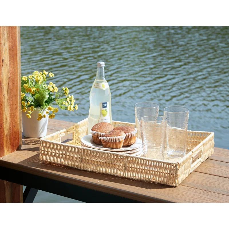 Contemporary Beige Faux Rattan Rectangular Tray with Metal Handles