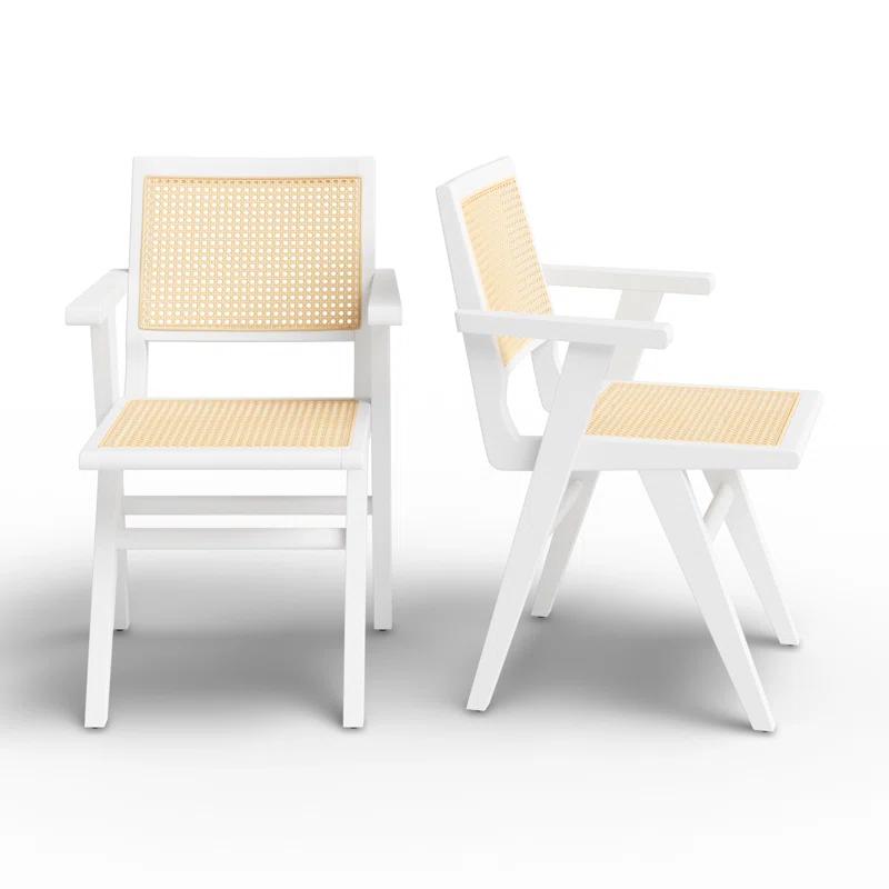 Hattie Coastal White Wood & Natural Cane Armchair Set of 2