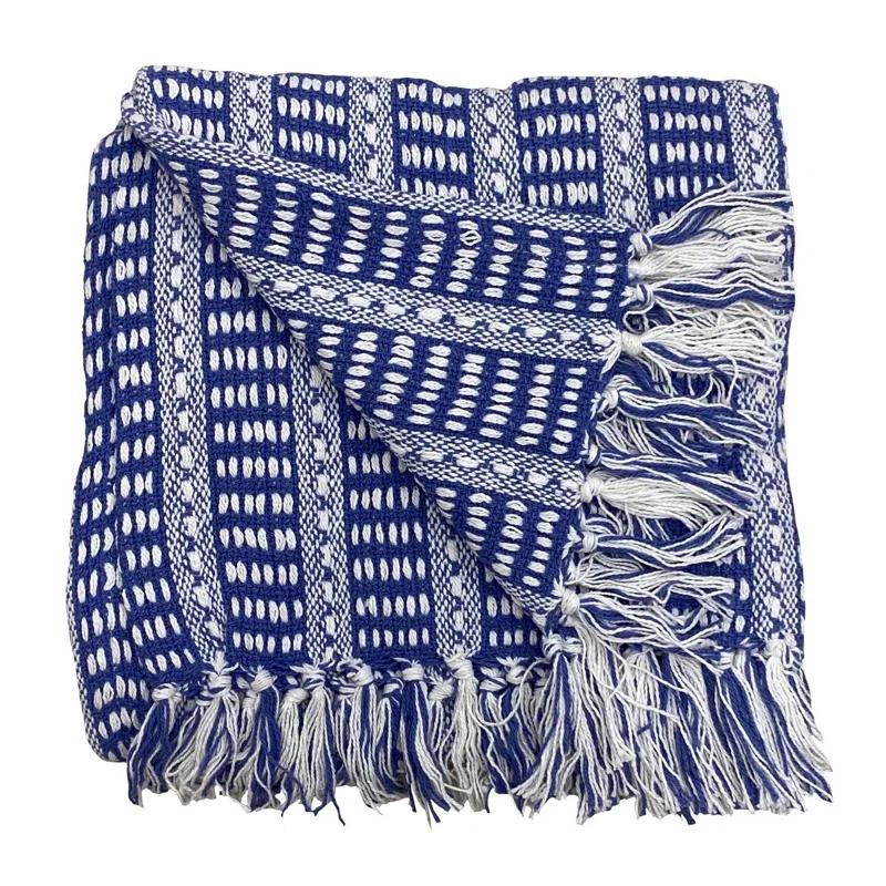 Chic Navy and White Striped Fringed Organic Cotton Throw, 50" x 60"