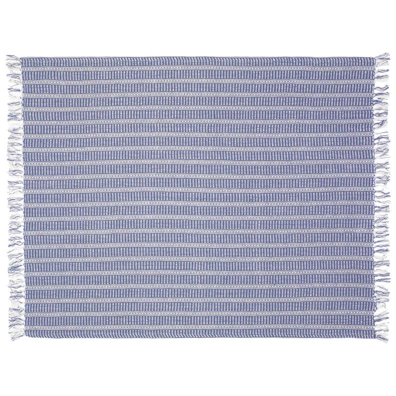 Chic Navy and White Striped Fringed Organic Cotton Throw, 50" x 60"