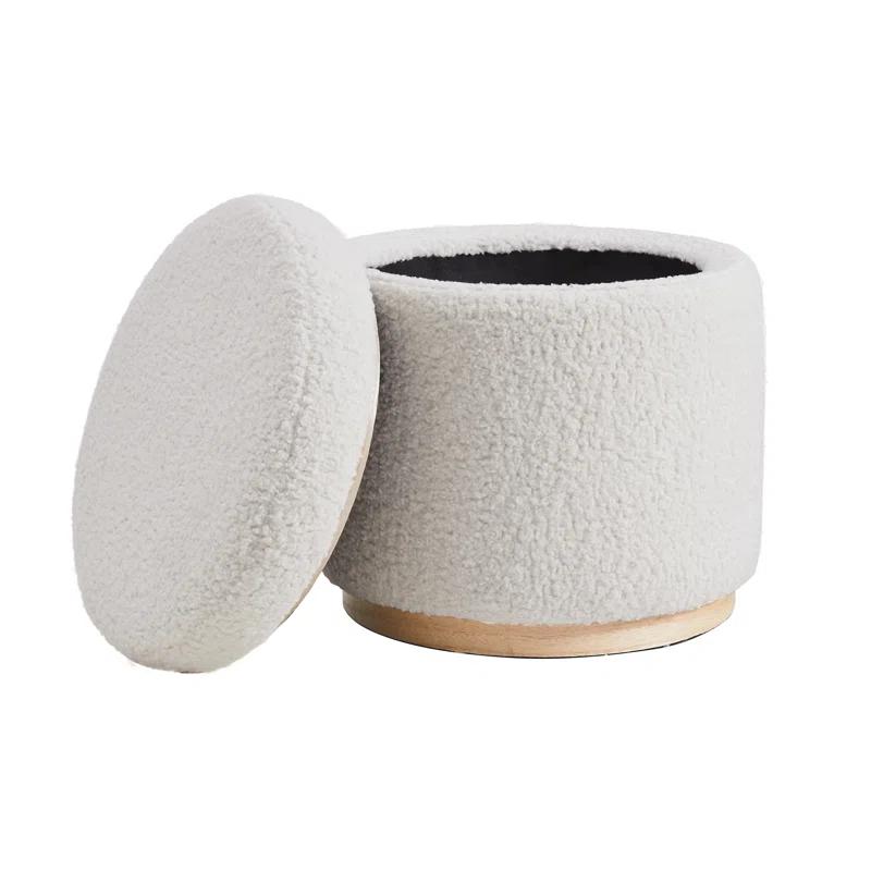 White Sherpa Round Storage Ottoman with Pinewood Trim