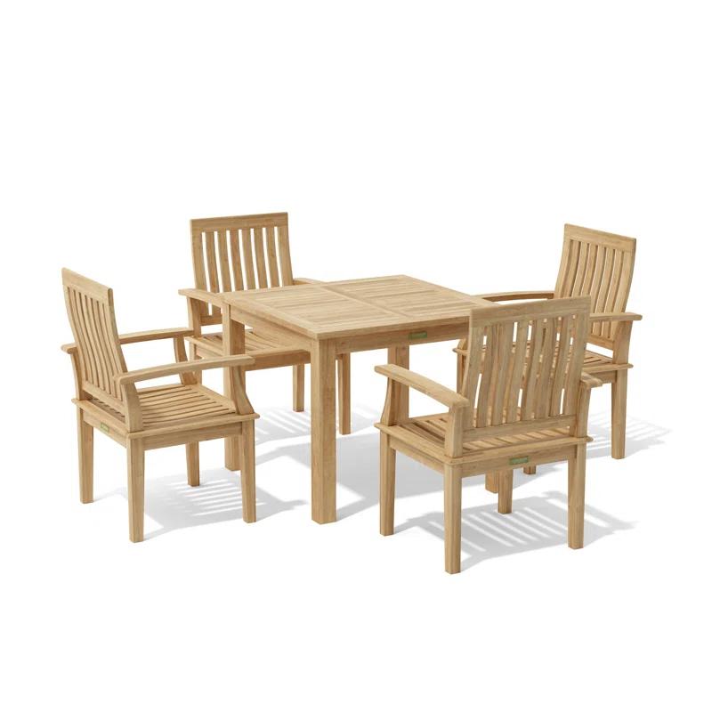 Natural Teak 5-Piece Outdoor Dining Set with Green Cushions