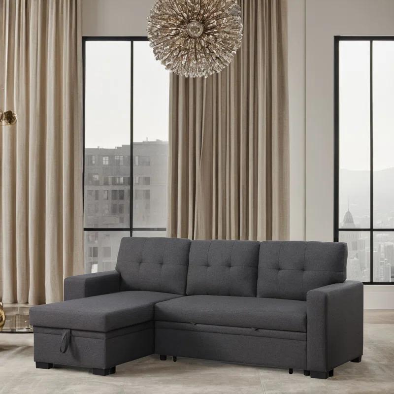 Dark Gray Tufted Fabric Reversible Sectional Sofa with Storage and Cup Holder