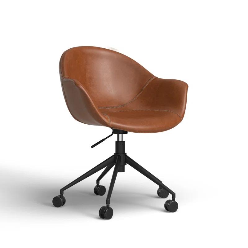 Transitional Ember Swivel Task Chair in Light Brown Leather and Black Wood