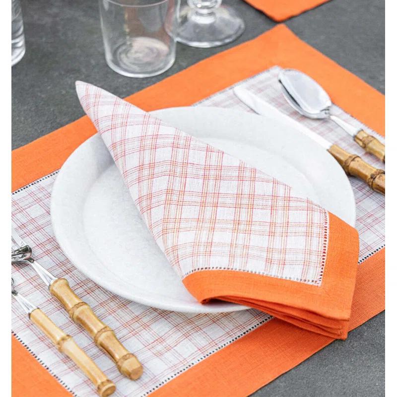 Tangerine Linen Plaid Dinner Napkins, 20" x 20" Set of 4