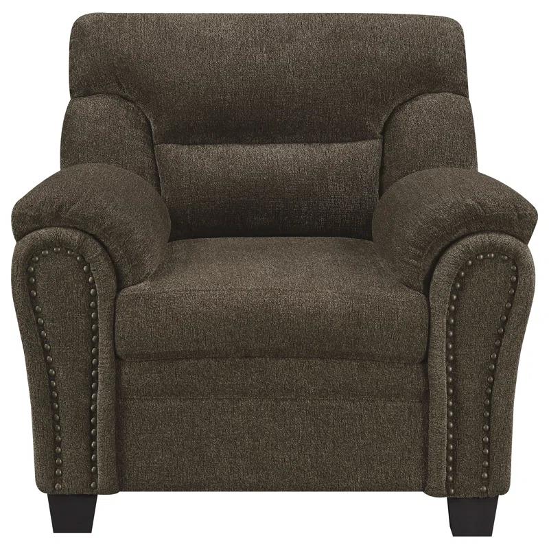 Clementine Transitional Brown Upholstered Armchair with Nailhead Trim