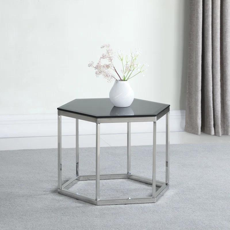 Contemporary Hexagonal Black and Silver Metal-Glass Accent Table