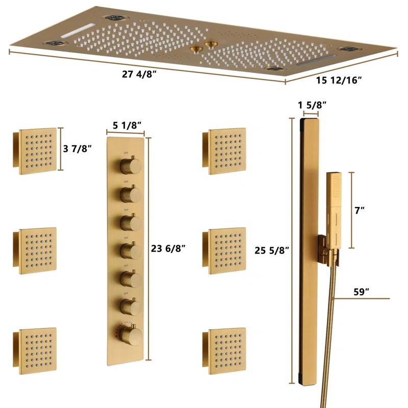 Rodeo 27.5-Inch LED&Music Rainfall Thermostatic Shower System with Slide Bar and 2-in-1 Handheld