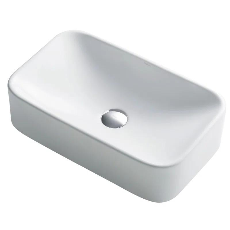 White Ceramic Rectangular Above-Counter Vessel Sink