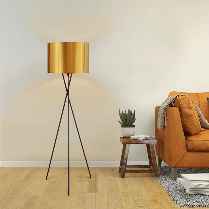 Elegant Outdoor Black Tripod Floor Lamp with Gold Shade
