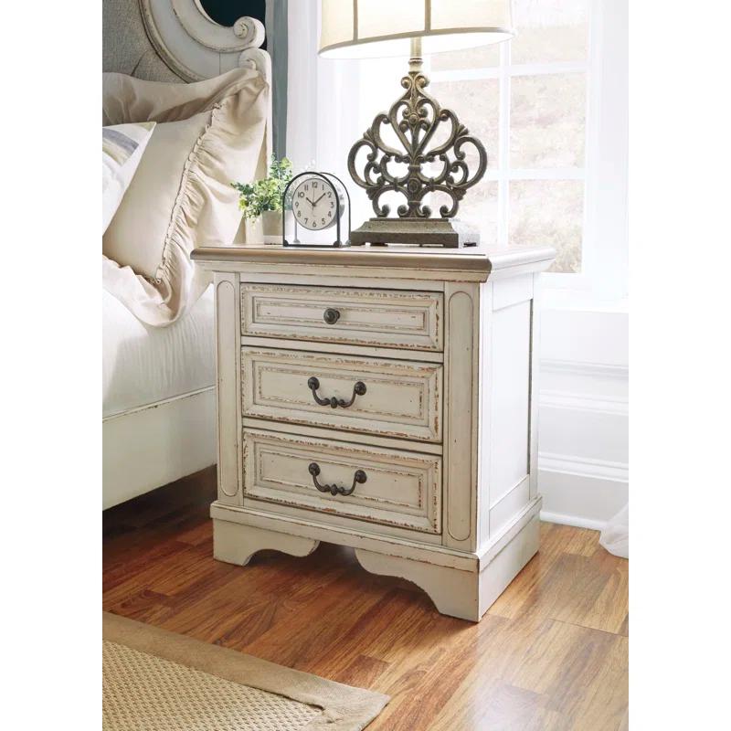 Chipped White & Distressed Wood 3-Drawer Nightstand with USB Ports