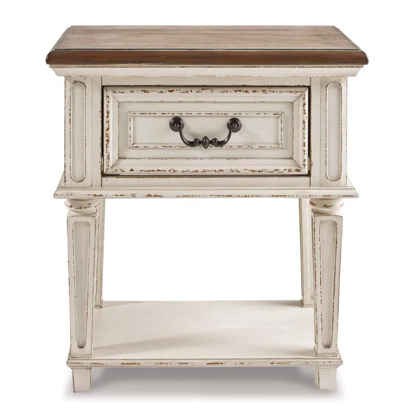Chipped White Rustic 1-Drawer Nightstand with Open Shelf