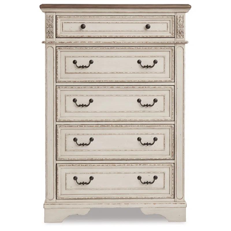 Charming Cottage White 5-Drawer Chest with Distressed Wood Top
