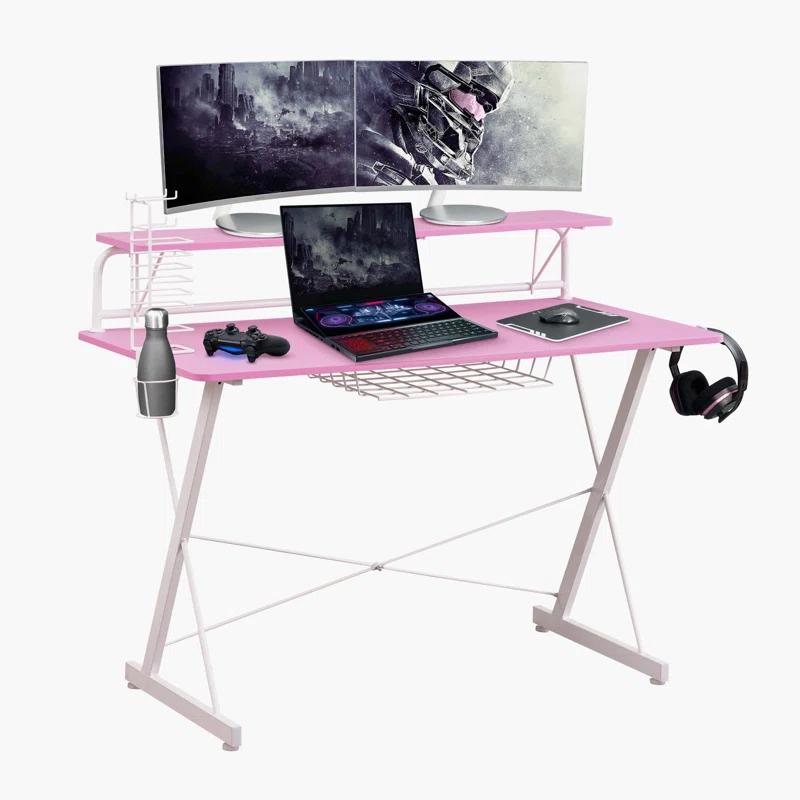 Techni Sport Dual Monitor Carbon Fiber Gaming Desk with Cup Holder - Pink