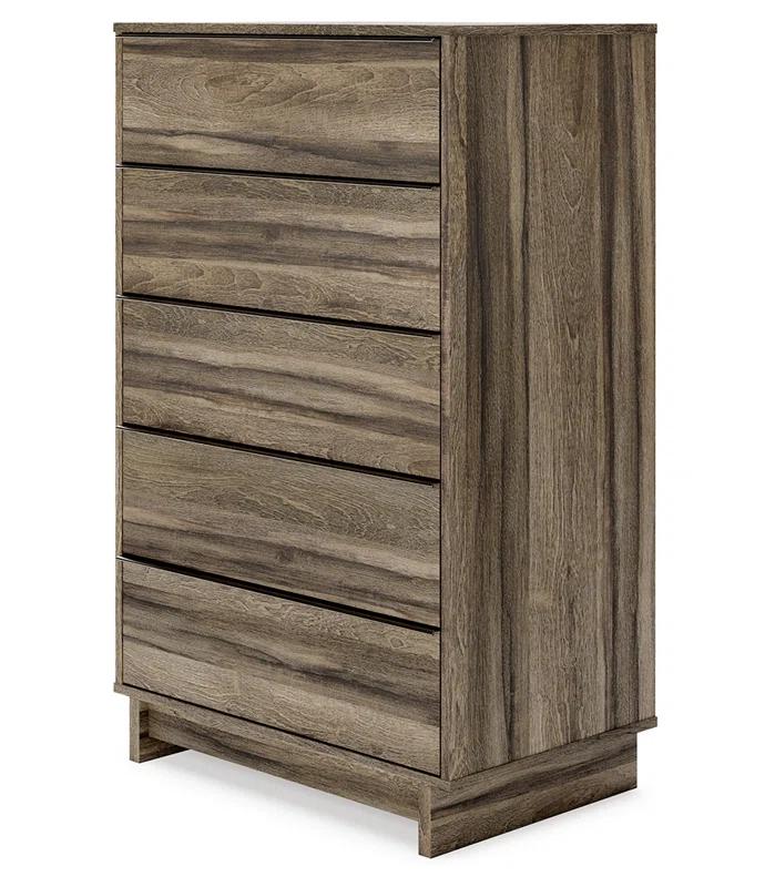 Transitional Weathered Brown 5-Drawer Chest with Champagne Handles