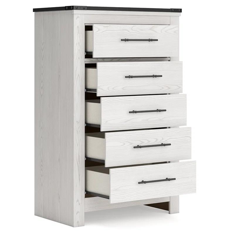 Schoenberg White Rustic 5-Drawer Farmhouse Chest with Dark Pewter Handles