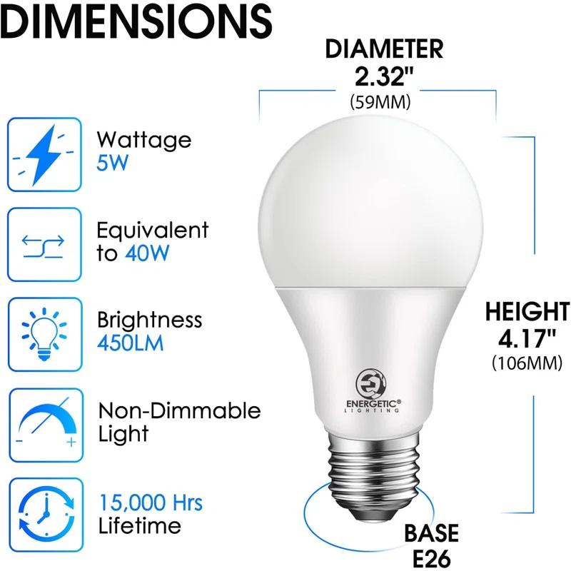 A19 LED Light Bulb,40W Equivalent 5W, Non-Dimmable,450lm,5000K Warm White,E26 Medium Base,UL Listed