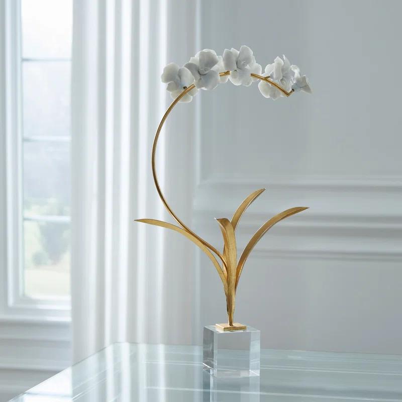 Elegant Matte White Ceramic Orchid Sculpture on Crystal Stand