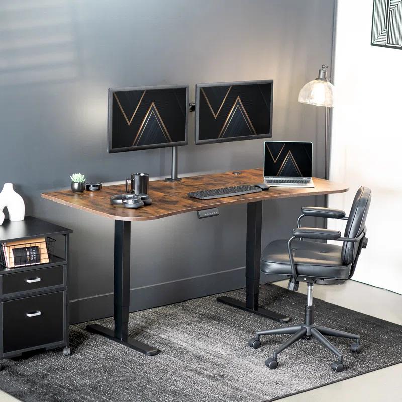 Rustic Vintage Brown & Black Electric Adjustable Standing Desk with Keyboard Tray