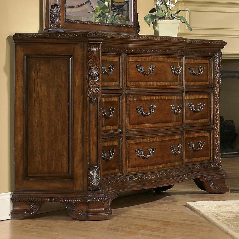 Old World Sunburst 73'' Traditional Brown Wood Dresser with 9 Drawers